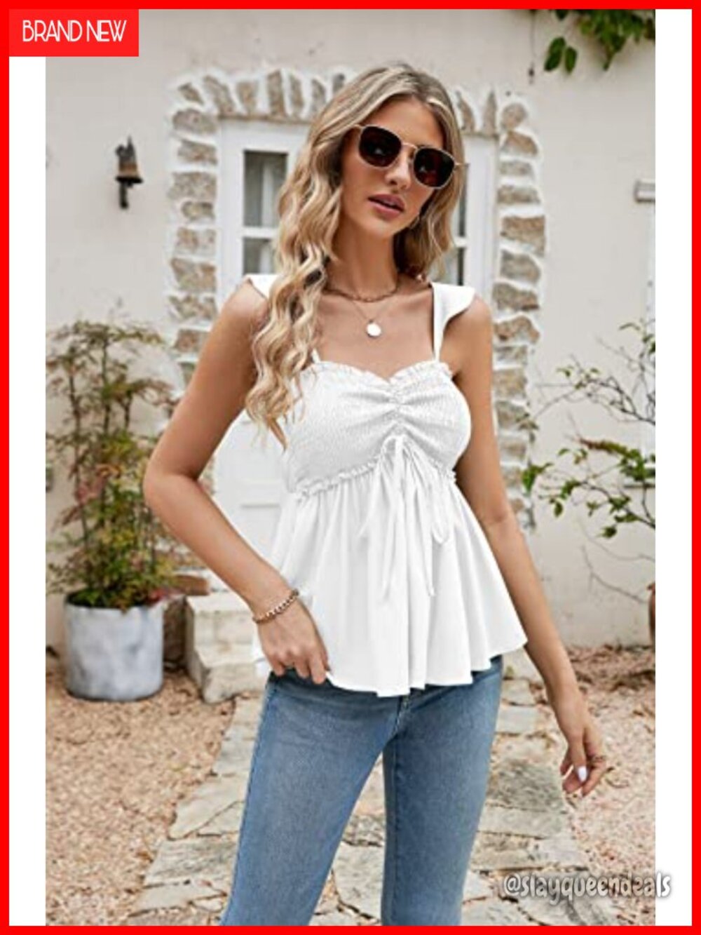 Smocked Peplum Babydoll Tank Top with Adjustable Ruffle Straps - Picture 5 of 7